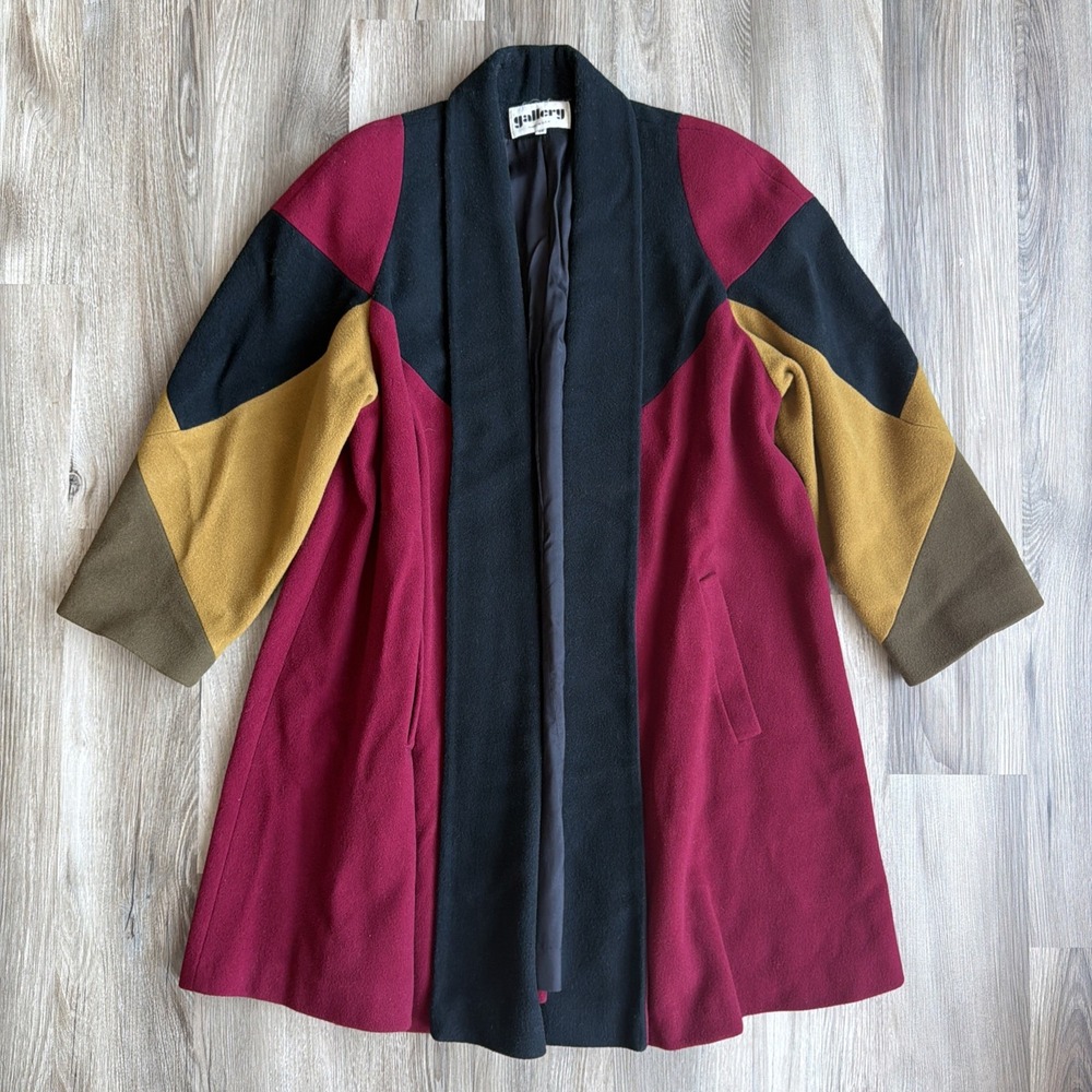 Vintage Gallery Wool Blend Colorblock Swing Coat Open Front Long Sz 14 Union Tag